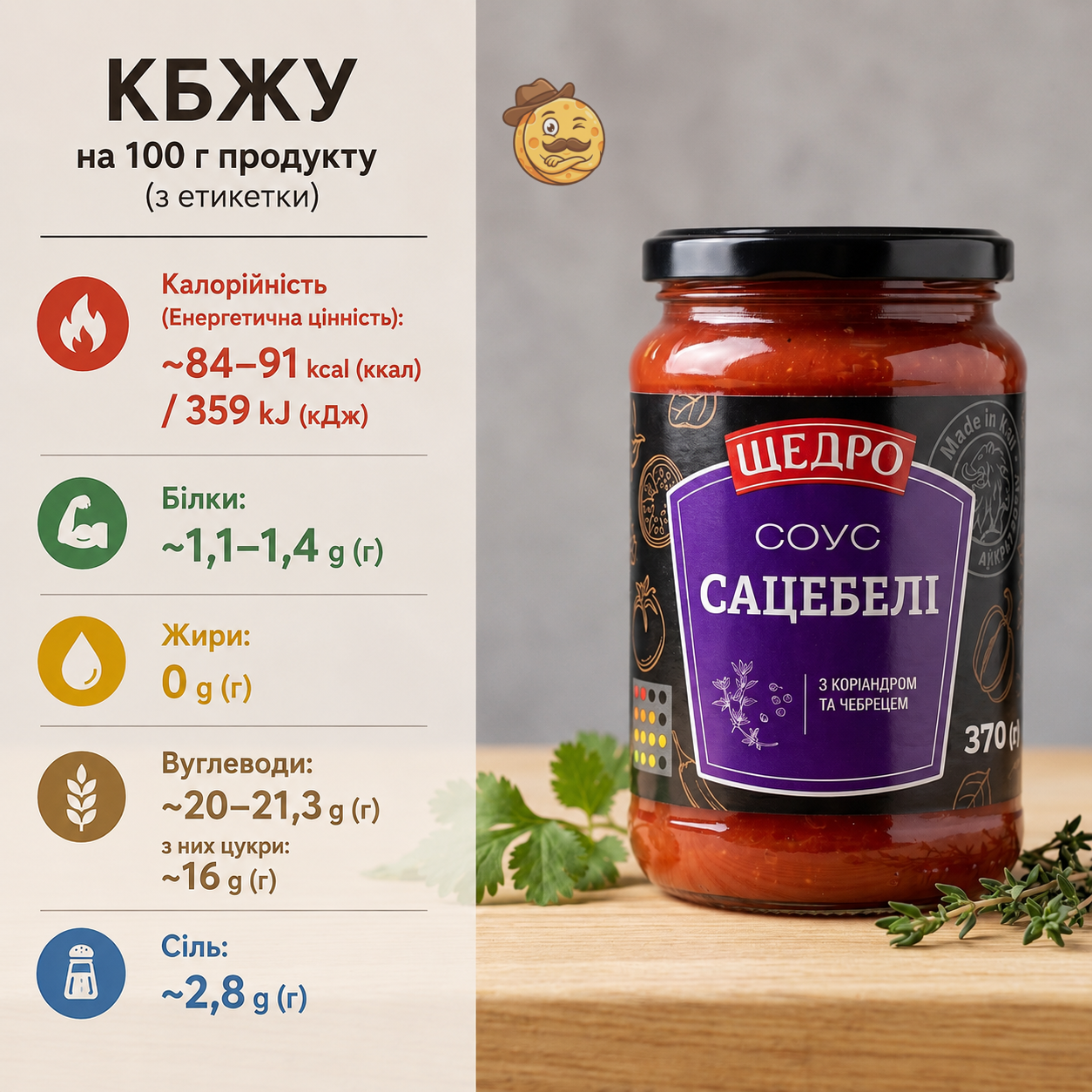 Соус Сацебелі з коріандром і чебрецем Щедро 370 г (варинський томатний соус до м'яса та шашлику) - Зображення 3
